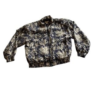 Bogari Bomber Jacket Women Large Blue Floral Silk Vintage Full Zip Lightweight